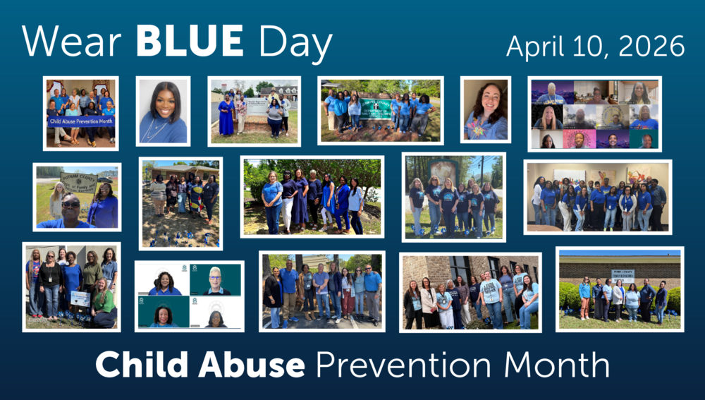 Photos of DFCS staff wearing blue to raise awareness for Child Abuse Prevention Month