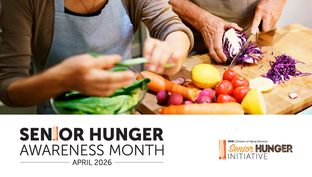 Senior Hunger Awareness Month graphic with a senior couple cooking